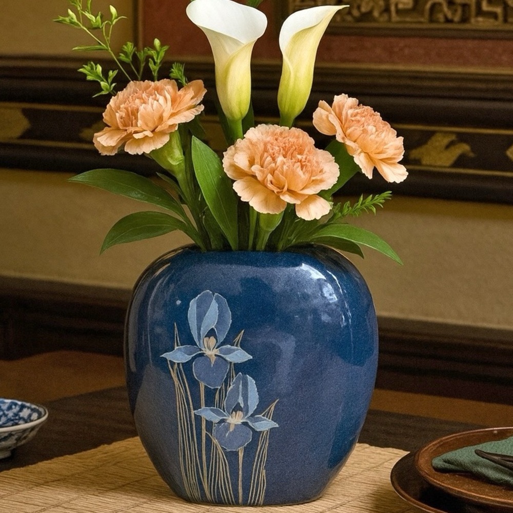 Vintage Otagiri 7” Cobalt Blue Iris Vase Japan Floral Design Ceramic 1970s 1980s